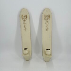Vintage Off White Gold Bow Tassel Wall Sconce Candle Holder Set of 2 Ornate Wood